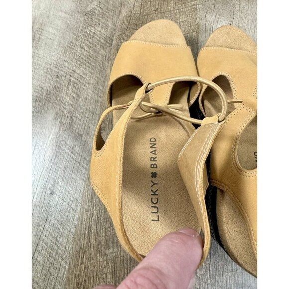 Lucky Brand Yejida Wedge Sandals Size 8.5 Tan Leather Espadrille Strappy Bungee - Picture 6 of 9